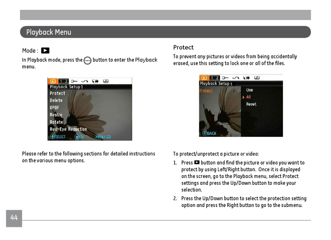 GE C1033RD, C1233SL, C1033BK, C1033SL user manual Playback Menu, Protect 