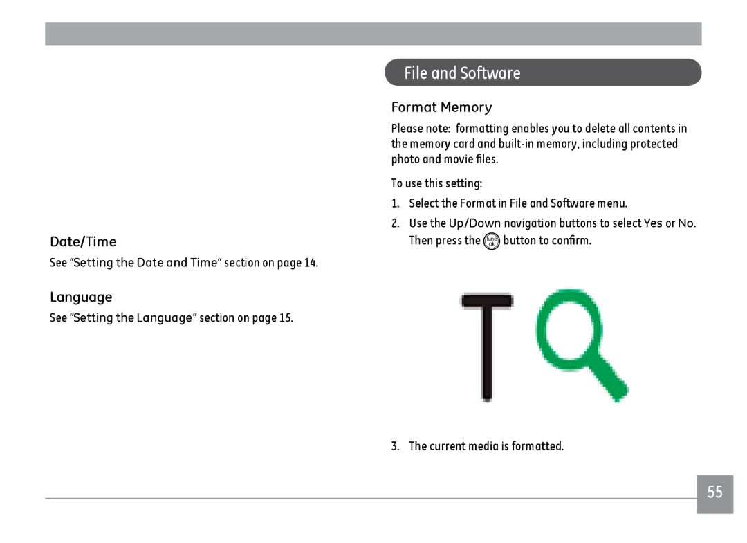 GE C1033SL, C1233SL, C1033BK, C1033RD user manual File and Software, Format Memory, Date/Time, Language 