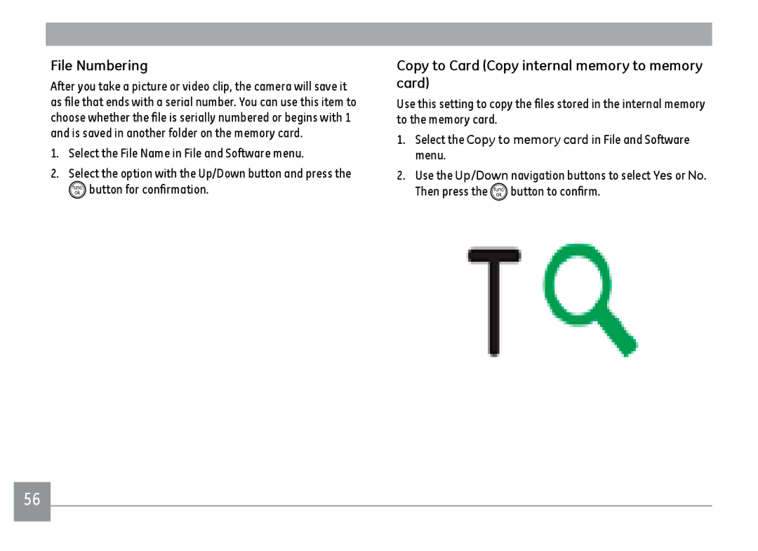 GE C1033RD, C1233SL, C1033BK, C1033SL user manual File Numbering, Copy to Card Copy internal memory to memory card 