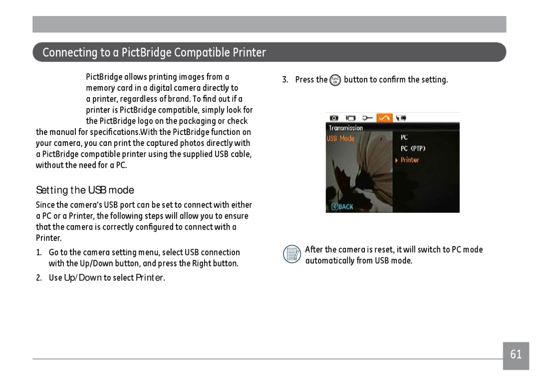 GE C1233SL, C1033BK, C1033SL, C1033RD user manual Connecting to a PictBridge Compatible Printer 