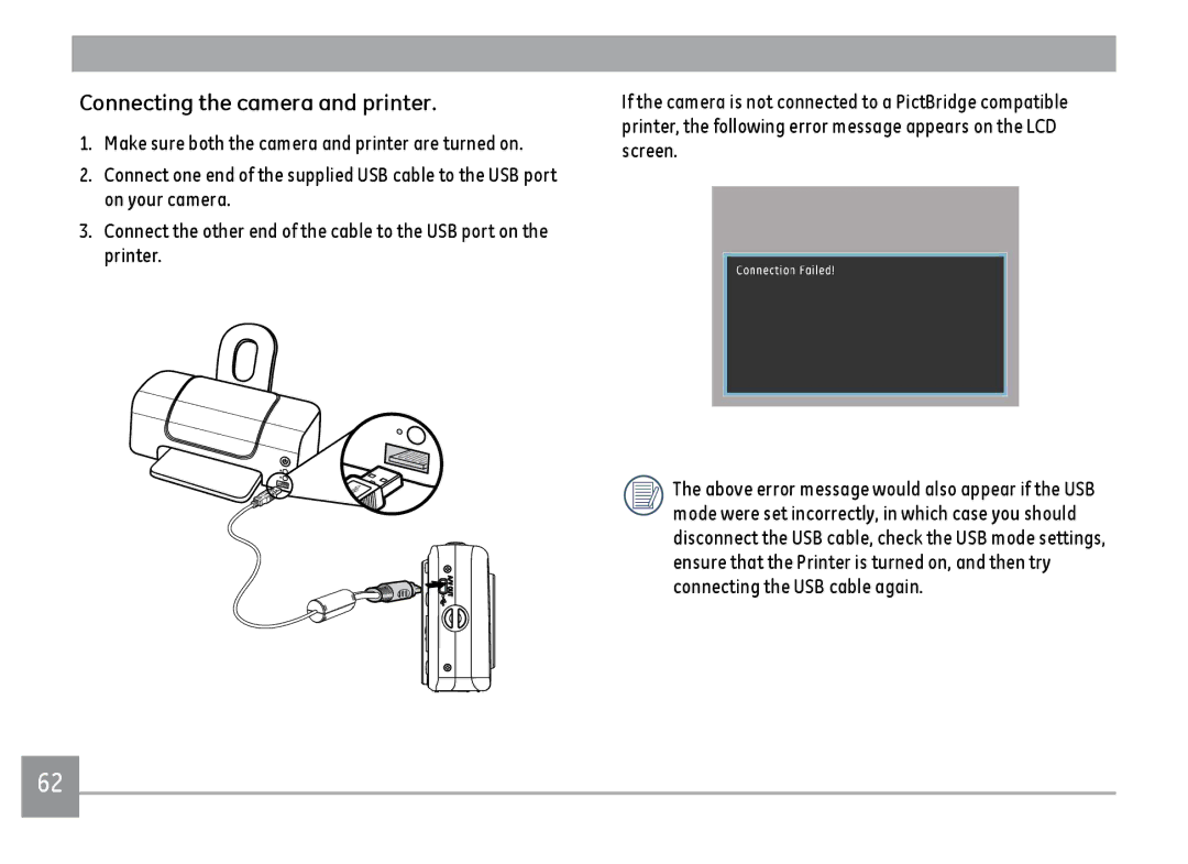 GE C1033BK, C1233SL, C1033SL, C1033RD user manual Connecting the camera and printer 