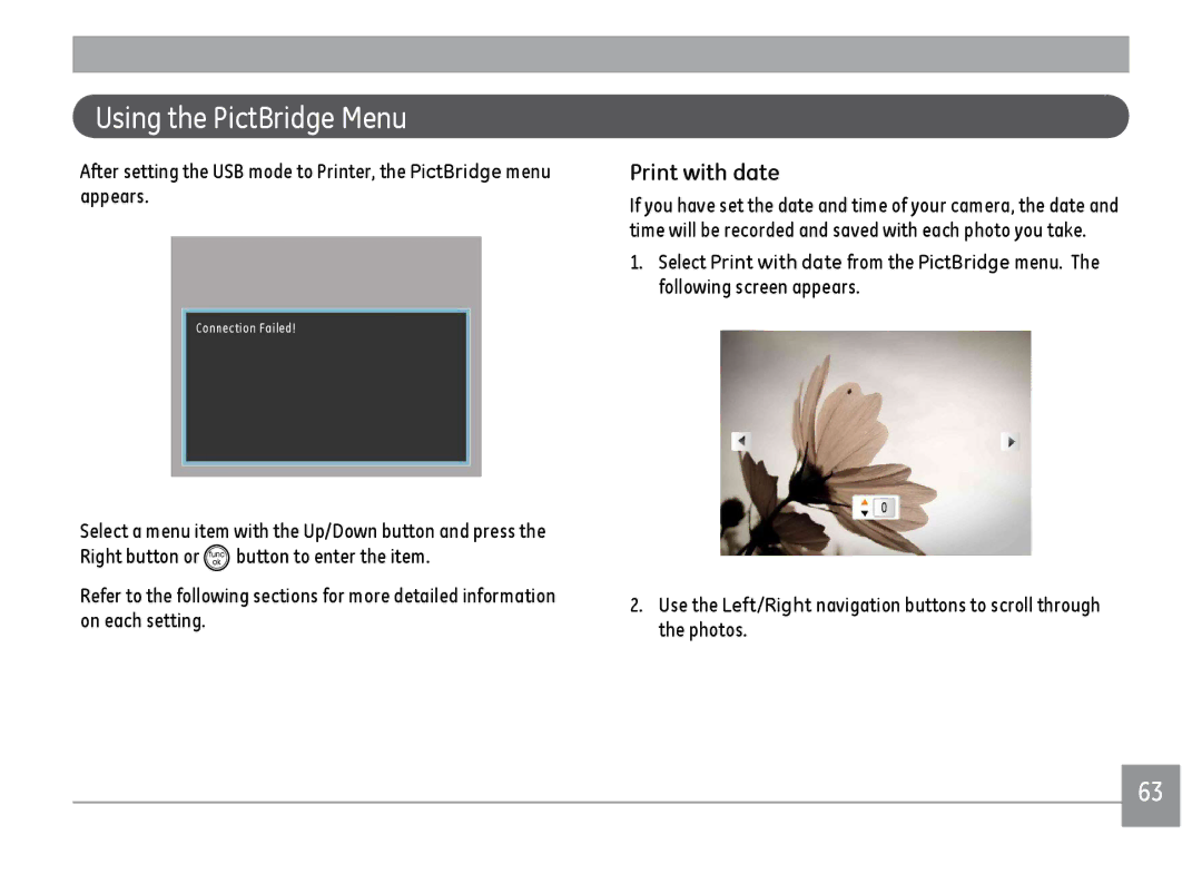 GE C1033SL, C1233SL, C1033BK, C1033RD user manual Using the PictBridge Menu, Print with date 