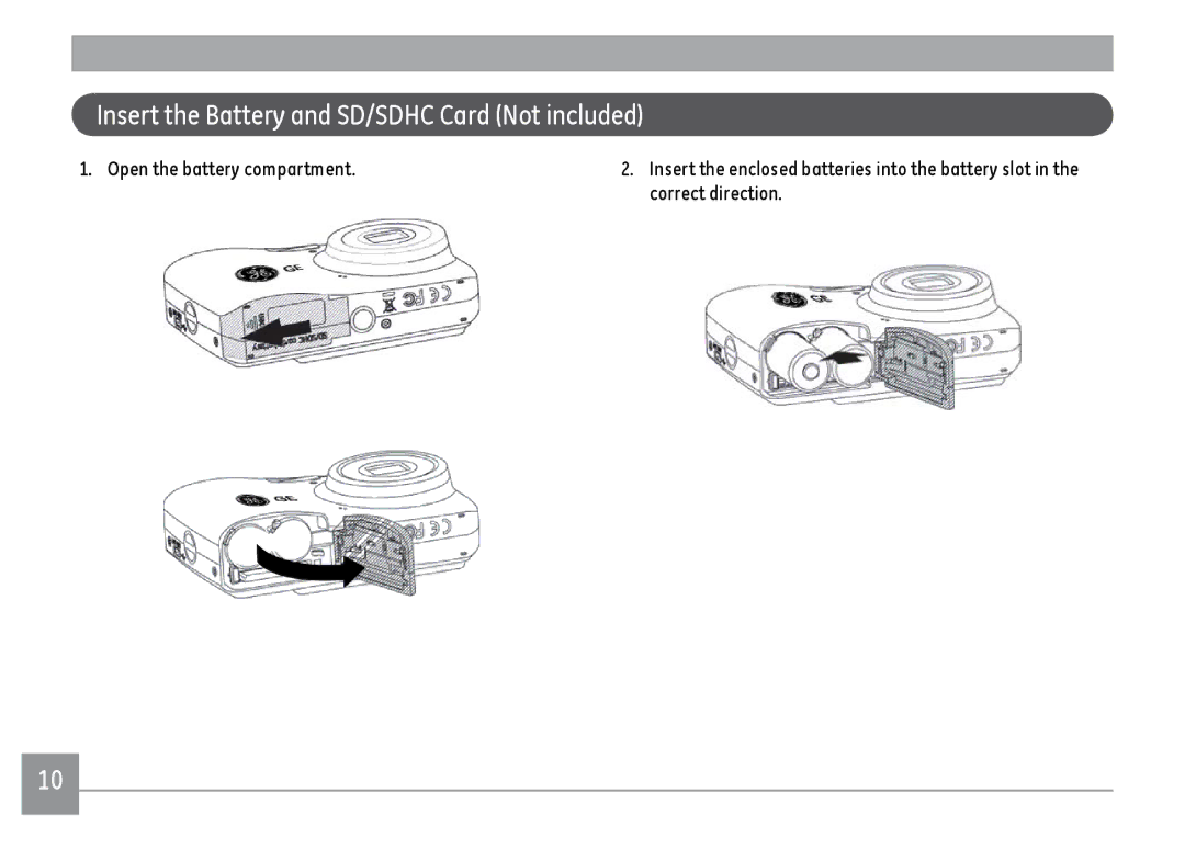 GE C1433SL, C1433RD, ce1433 user manual Insert the Battery and SD/SDHC Card Not included 