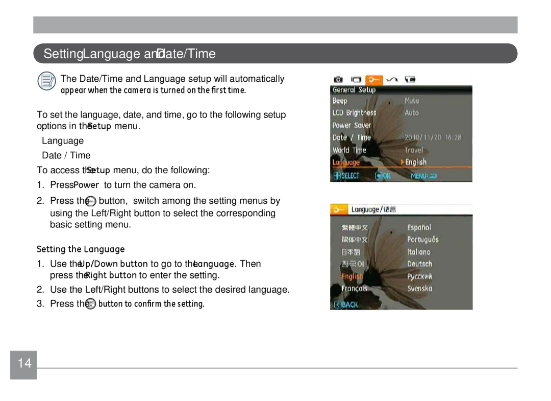 GE ce1433, C1433RD, C1433SL user manual Setting Language and Date/Time, Setting the Language 