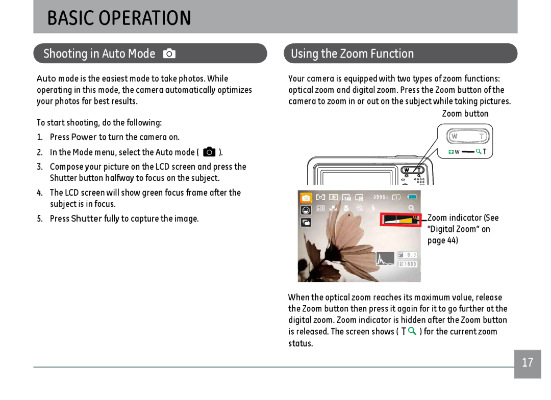 GE ce1433, C1433RD, C1433SL user manual Basic Operation, Shooting in Auto Mode, Using the Zoom Function 