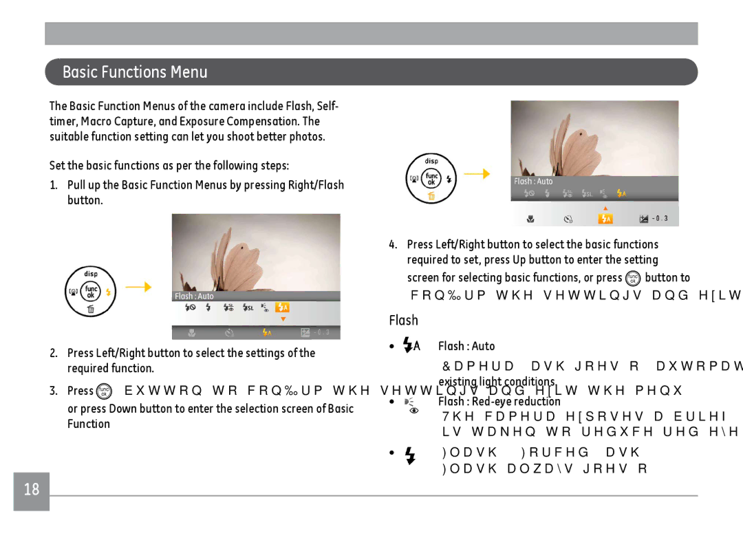 GE C1433RD, C1433SL, ce1433 user manual Basic Functions Menu, Flash 