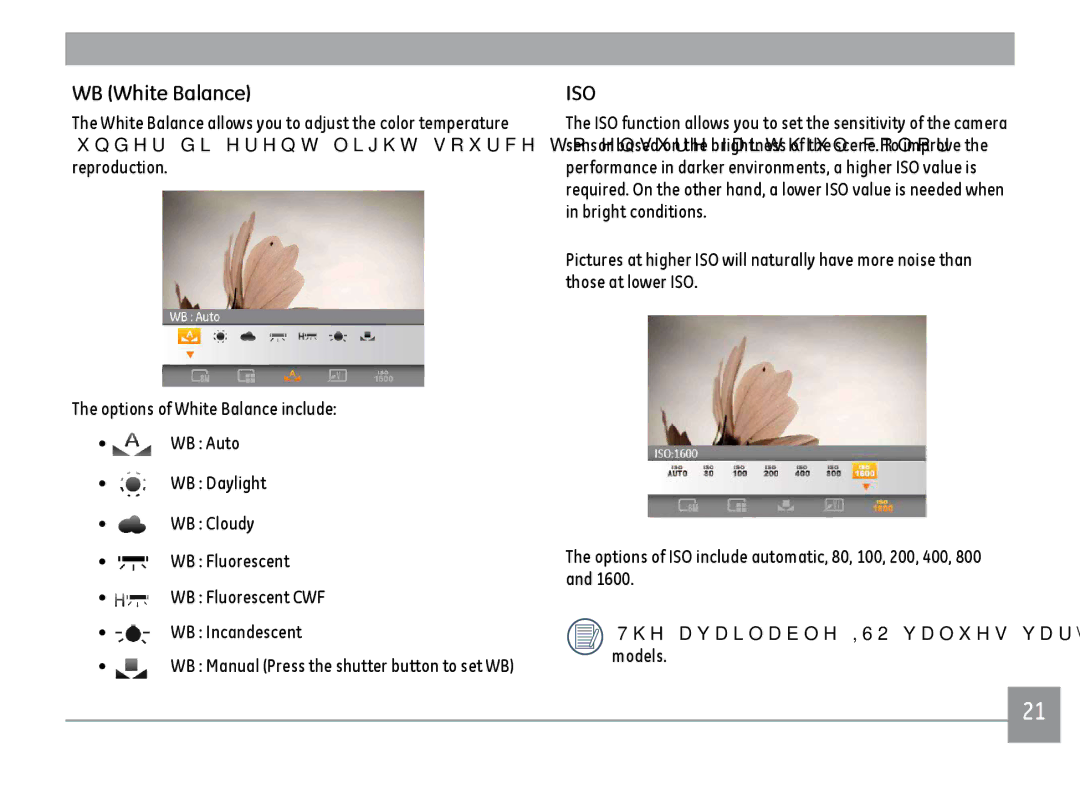 GE C1433RD, C1433SL, ce1433 user manual WB White Balance, Iso 