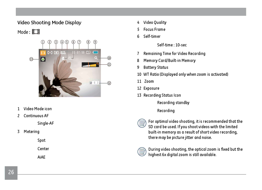 GE ce1433, C1433RD, C1433SL user manual Video Shooting Mode Display 