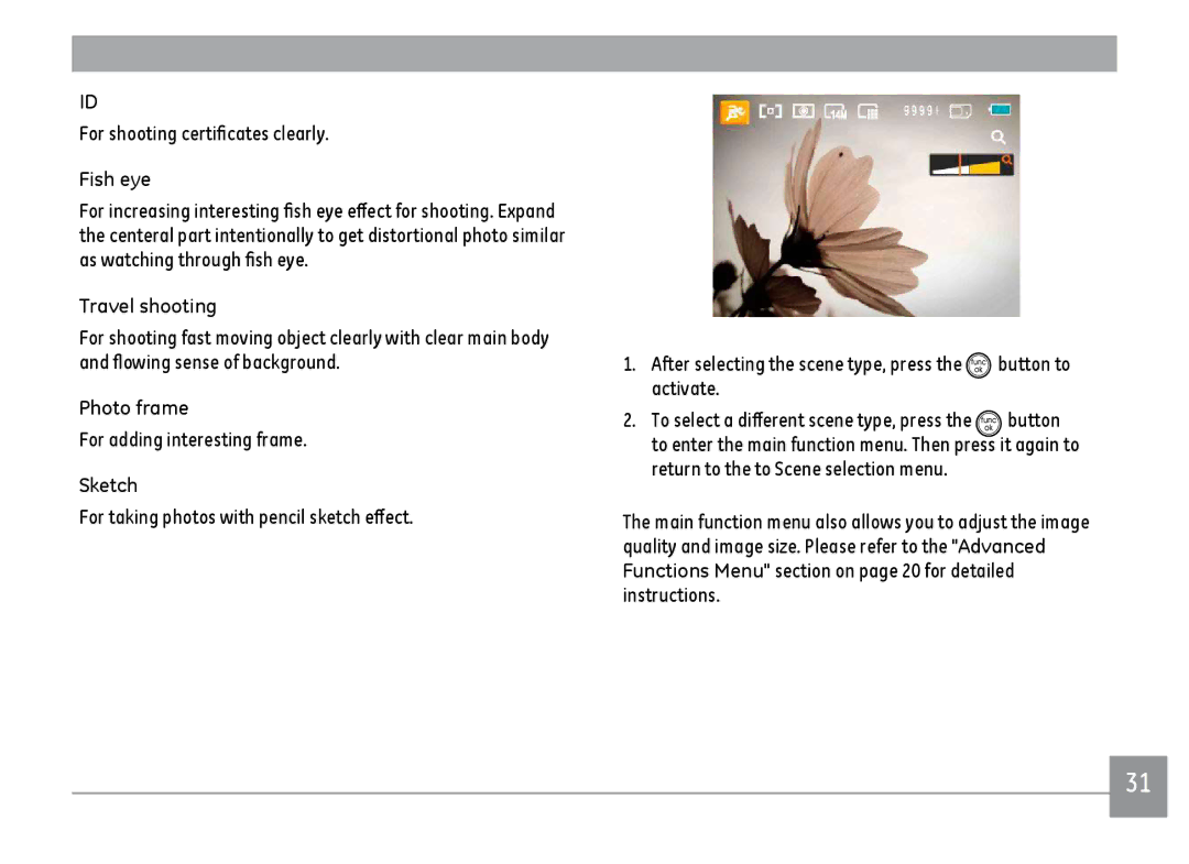 GE C1433SL, C1433RD, ce1433 user manual Fish eye, Travel shooting, Photo frame, Sketch 