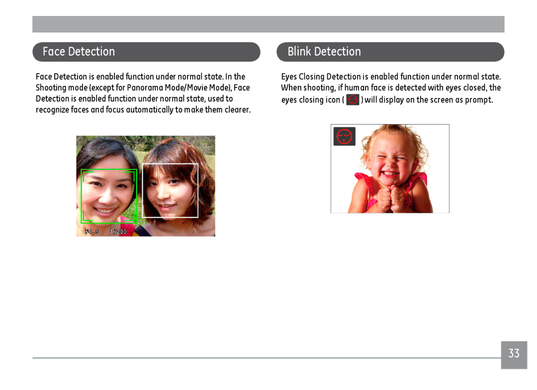 GE C1433RD, C1433SL, ce1433 user manual Face Detection, Blink Detection 