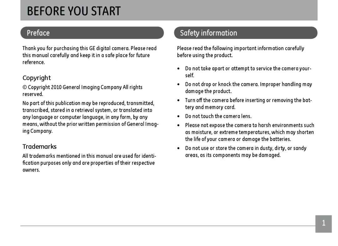 GE C1433SL, C1433RD, ce1433 user manual Before YOU Start, Preface, Safety information, Copyright, Trademarks 