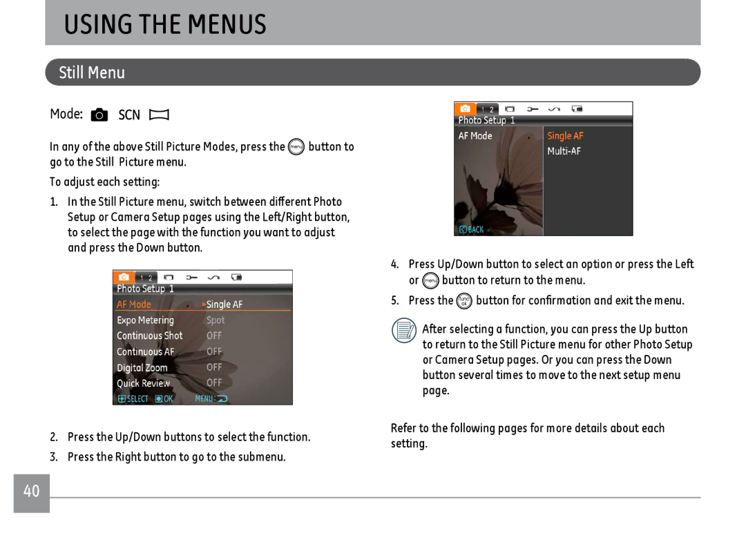 GE C1433SL, C1433RD, ce1433 user manual Using the Menus, Still Menu 