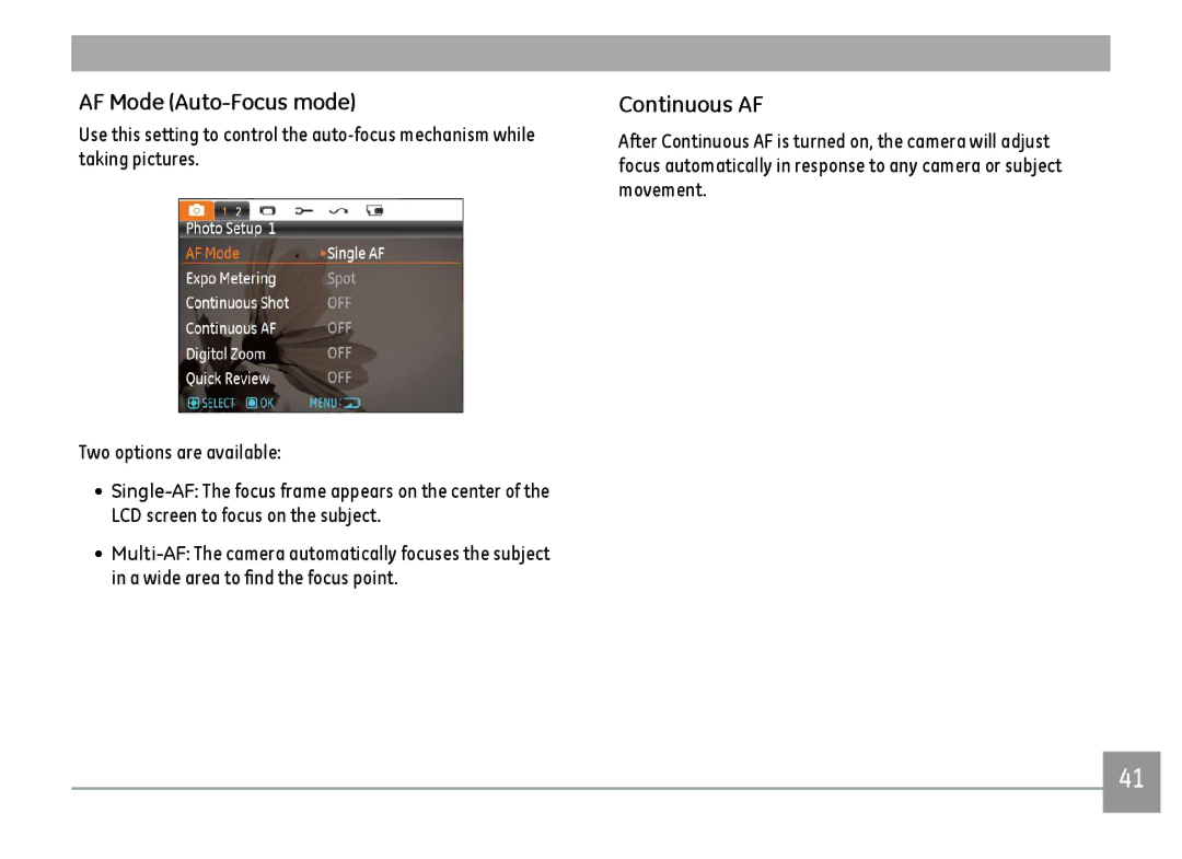 GE ce1433, C1433RD, C1433SL user manual AF Mode Auto-Focus mode, Continuous AF 