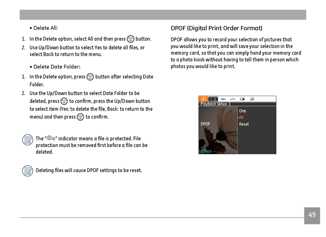 GE C1433SL, C1433RD, ce1433 user manual Dpof Digital Print Order Format, Delete All, Delete Date Folder 