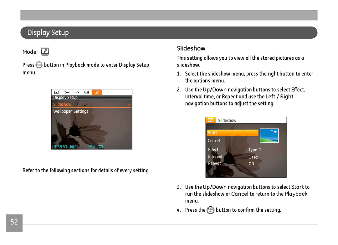 GE C1433SL, C1433RD, ce1433 user manual Display Setup, Slideshow, Mode 