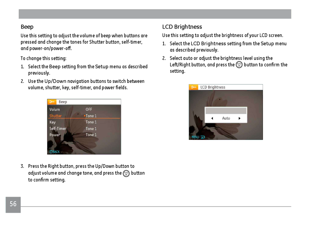 GE ce1433, C1433RD, C1433SL user manual Beep, LCD Brightness 