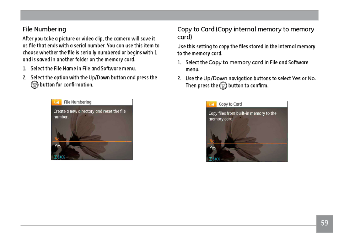 GE ce1433, C1433RD, C1433SL user manual File Numbering, Copy to Card Copy internal memory to memory card 