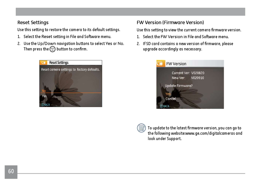 GE C1433RD, C1433SL, ce1433 user manual Reset Settings, FW Version Firmware Version 