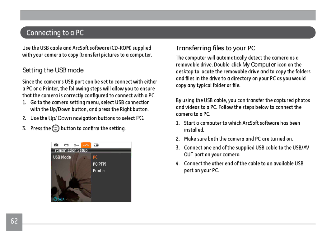 GE ce1433, C1433RD, C1433SL user manual Connecting to a PC, Setting the USB mode, Transferring files to your PC 