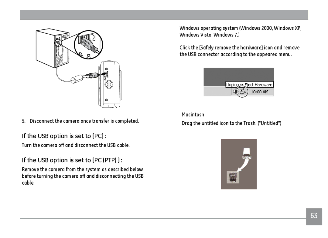 GE C1433RD, C1433SL, ce1433 user manual If the USB option is set to PC PTP 