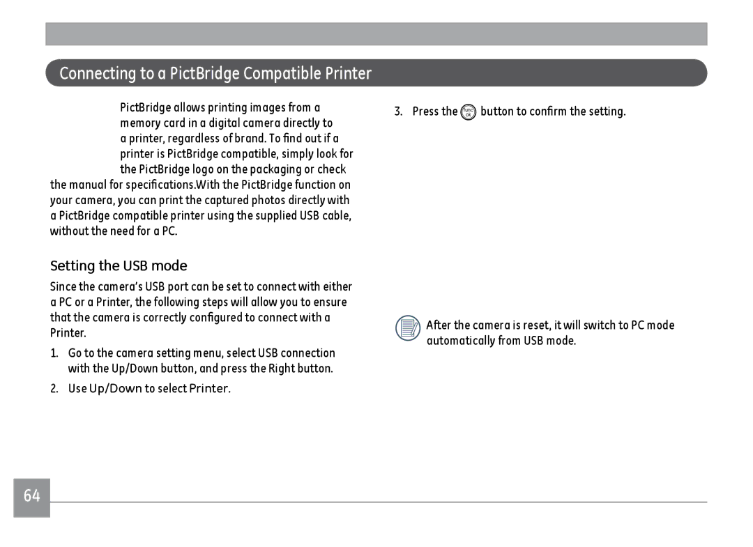 GE C1433SL, C1433RD, ce1433 user manual Connecting to a PictBridge Compatible Printer 