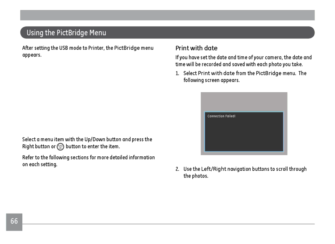 GE C1433RD, C1433SL, ce1433 user manual Using the PictBridge Menu, Print with date 