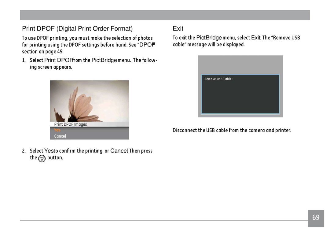 GE C1433RD, C1433SL, ce1433 user manual Print Dpof Digital Print Order Format, Exit 