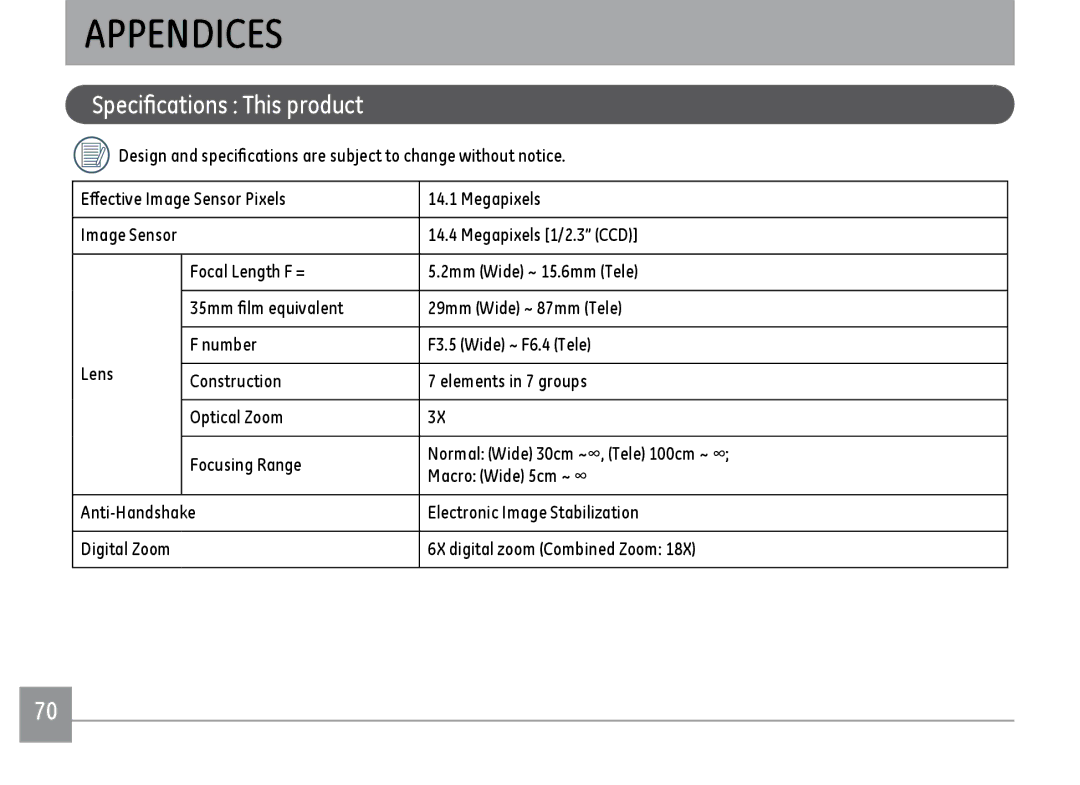 GE C1433SL, C1433RD, ce1433 user manual Appendices, Specifications This product 