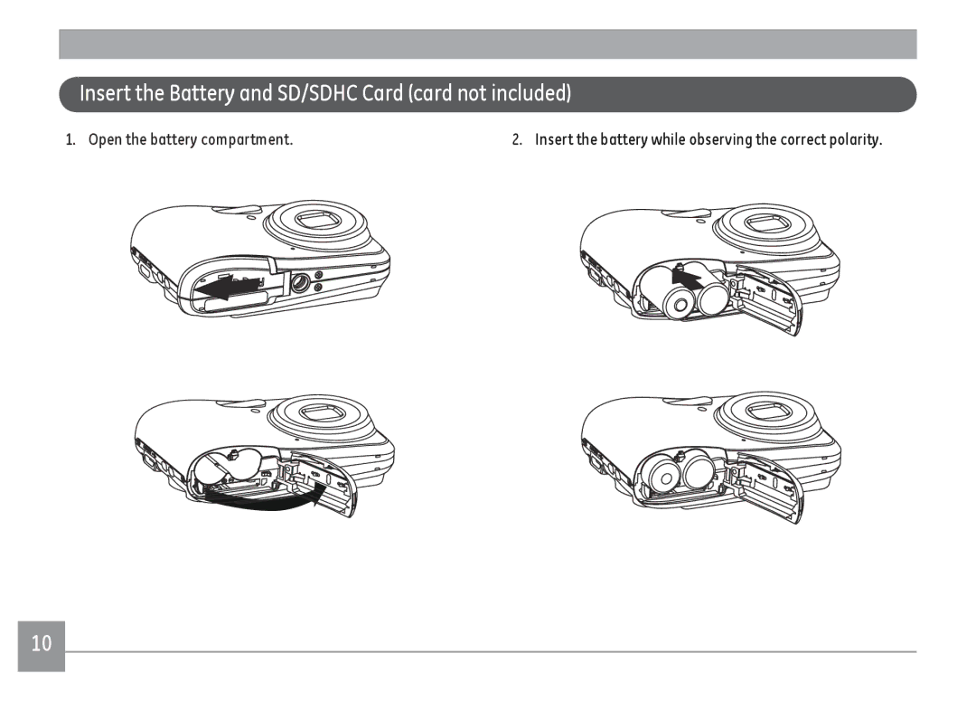 GE C1440WRD, C1440WSL, C1440WBK Insert the Battery and SD/SDHC Card card not included, Open the battery compartment 