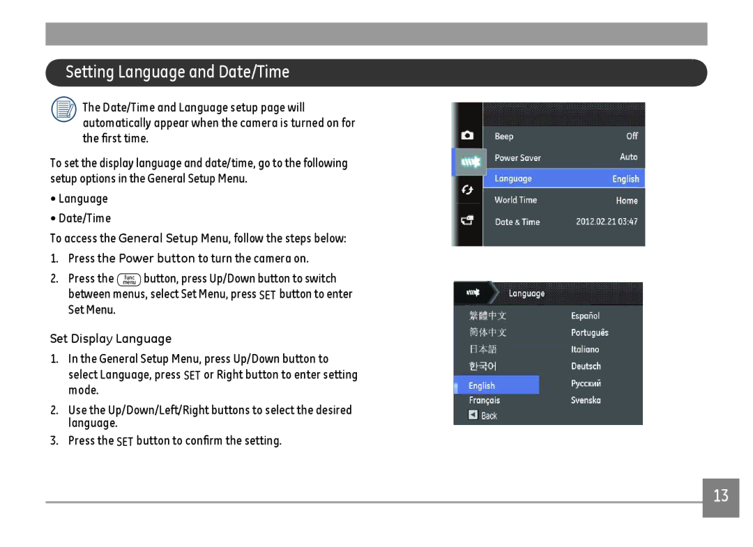 GE C1440WRD, C1440WSL, C1440WBK user manual Setting Language and Date/Time, Set Display Language 