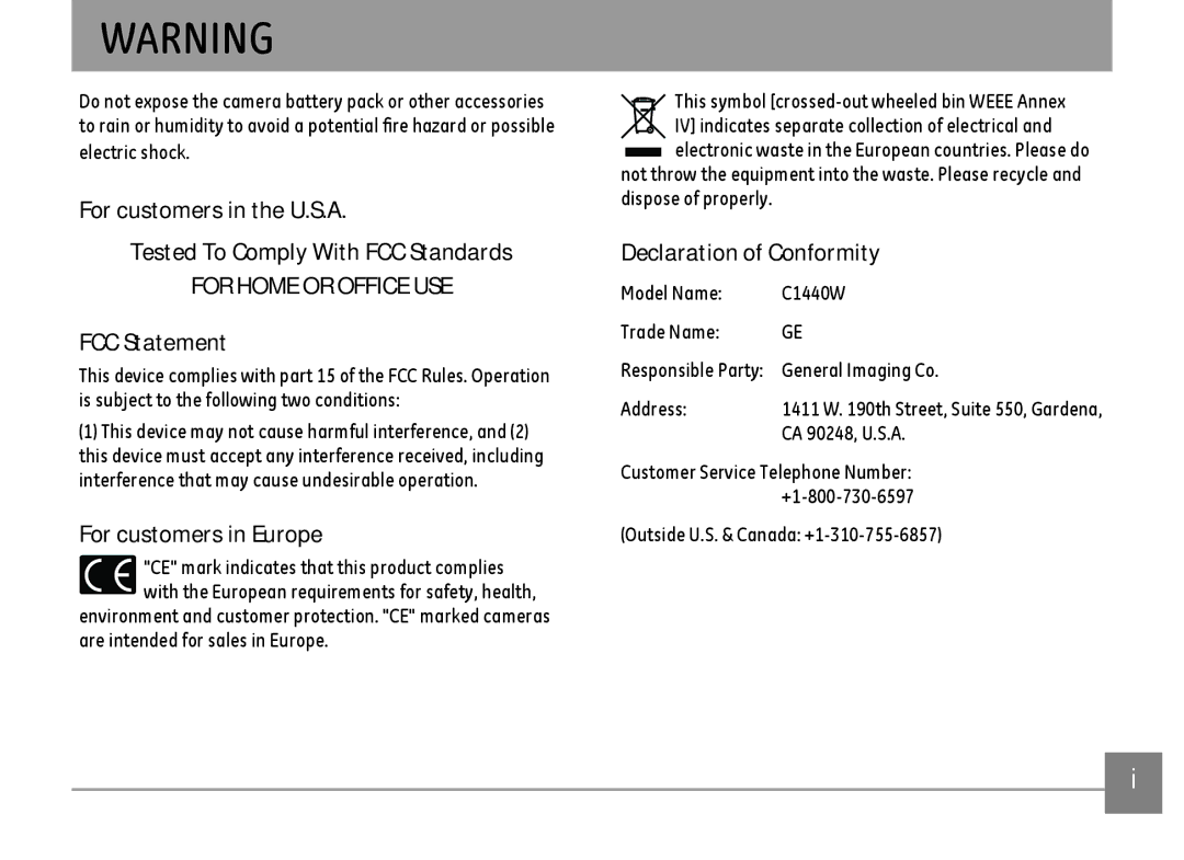 GE C1440WBK, C1440WSL, C1440WRD user manual FCC Statement, For customers in Europe, Declaration of Conformity 