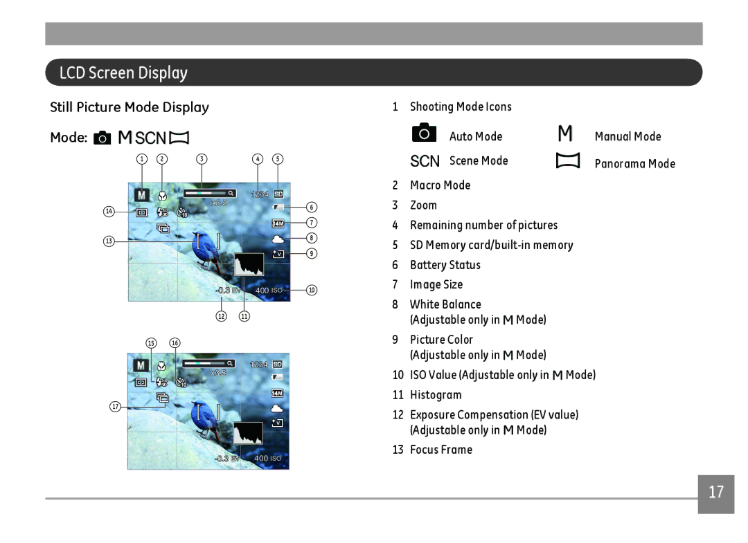 GE C1440WBK, C1440WSL LCD Screen Display, Still Picture Mode Display, Shooting Mode Icons Auto Mode Manual Mode Scene Mode 