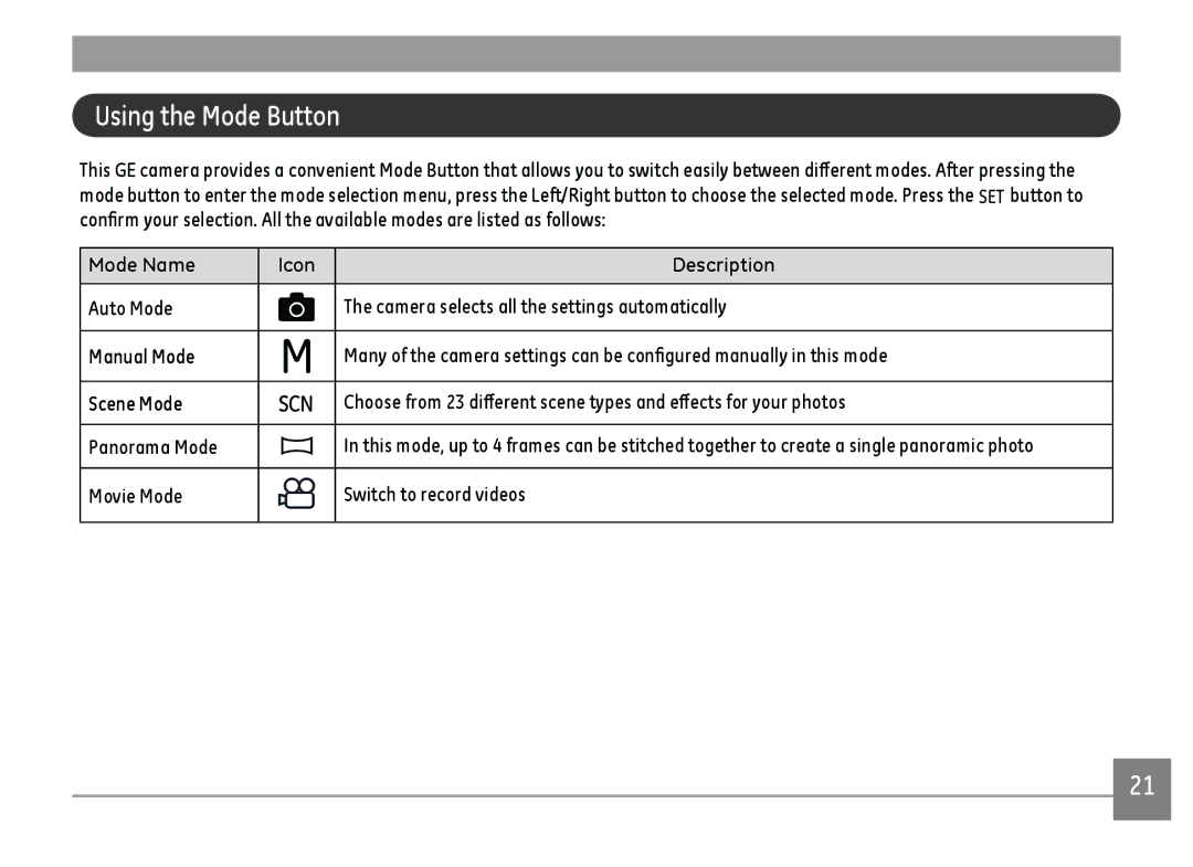 GE C1440WSL, C1440WRD, C1440WBK user manual Using the Mode Button, Movie Mode Switch to record videos 