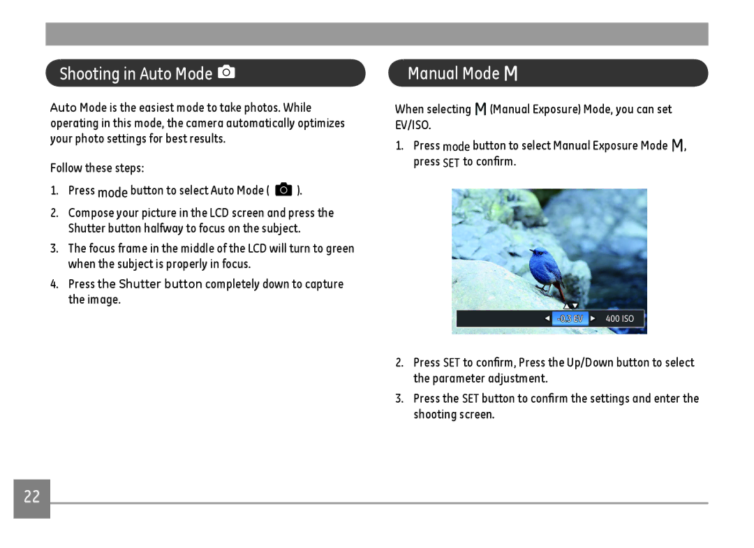 GE C1440WRD, C1440WSL, C1440WBK user manual Shooting in Auto Mode, Manual Mode M 