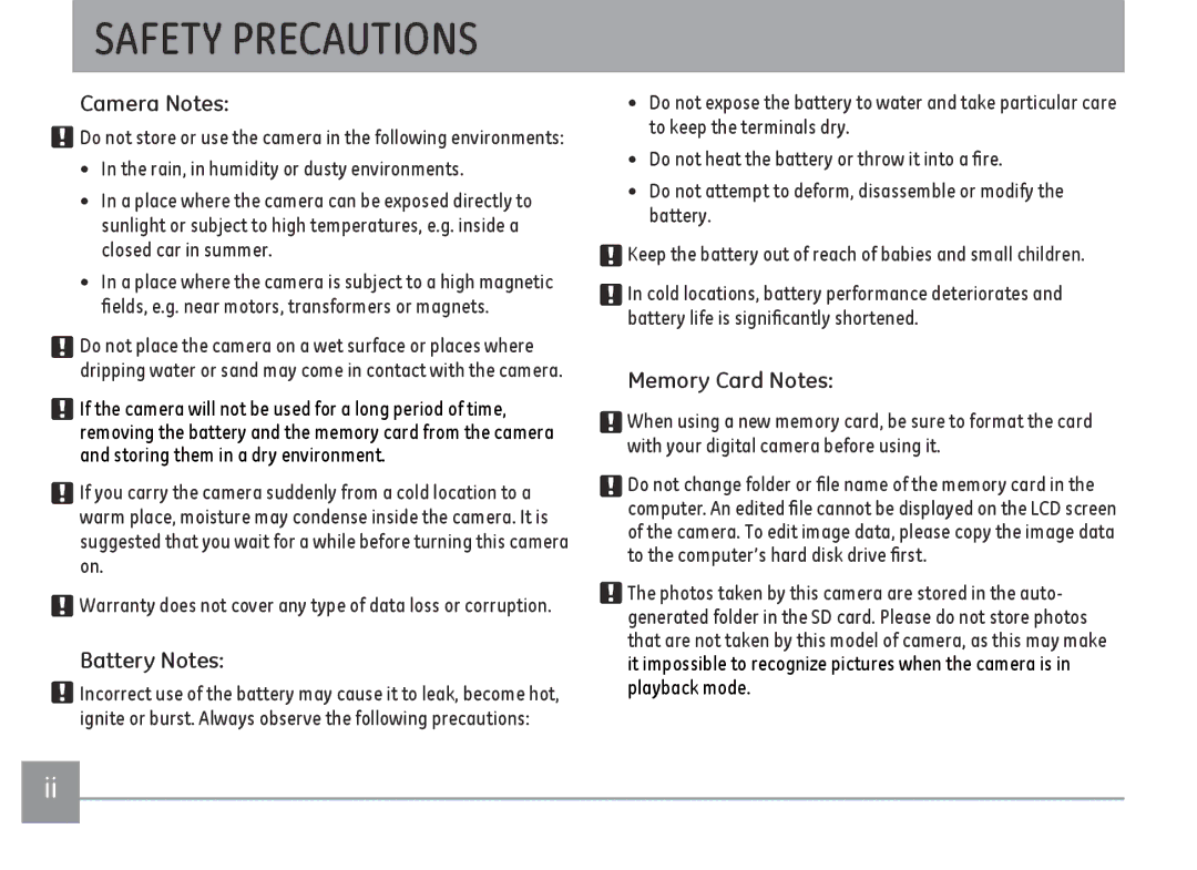 GE C1440WSL Safety Precautions, Camera Notes, Battery Notes, Memory Card Notes, Rain, in humidity or dusty environments 