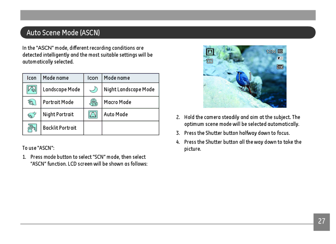 GE C1440WSL, C1440WRD, C1440WBK user manual Auto Scene Mode Ascn, Mode name 