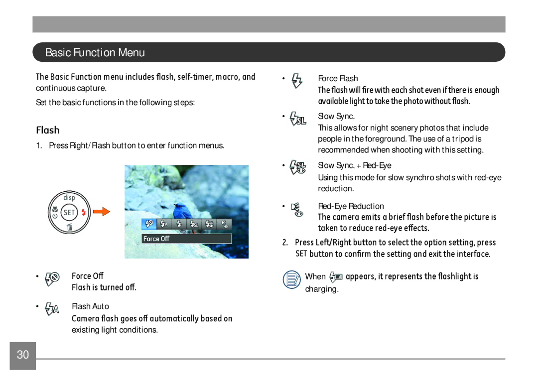 GE C1440WSL, C1440WRD, C1440WBK Basic Function Menu, Flash, When appears, it represents the flashlight is charging 