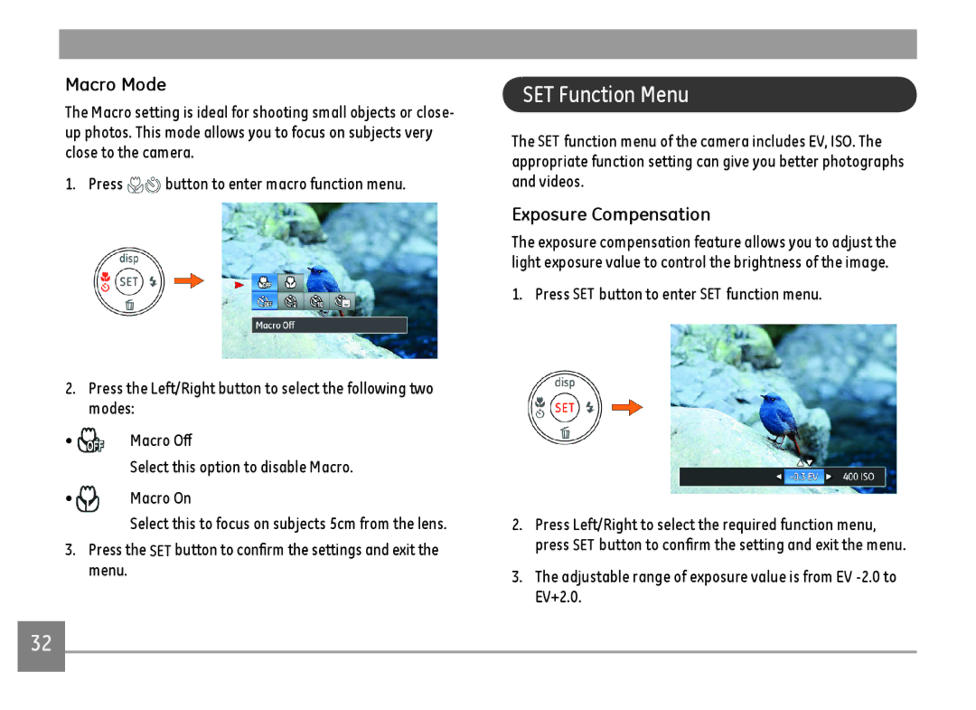 GE C1440WBK, C1440WSL SET Function Menu, Macro Mode, Exposure Compensation, Press SET button to enter SET function menu 