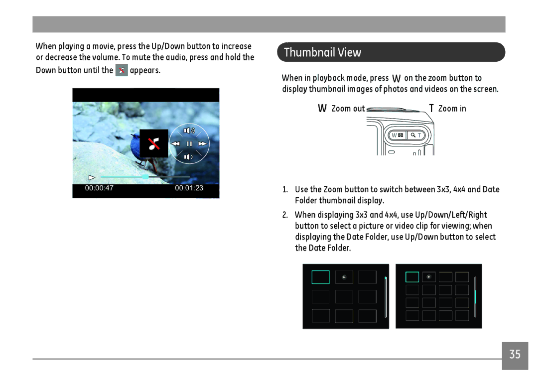 GE C1440WBK, C1440WSL, C1440WRD user manual Thumbnail View, Down button until the appears, Zoom out 