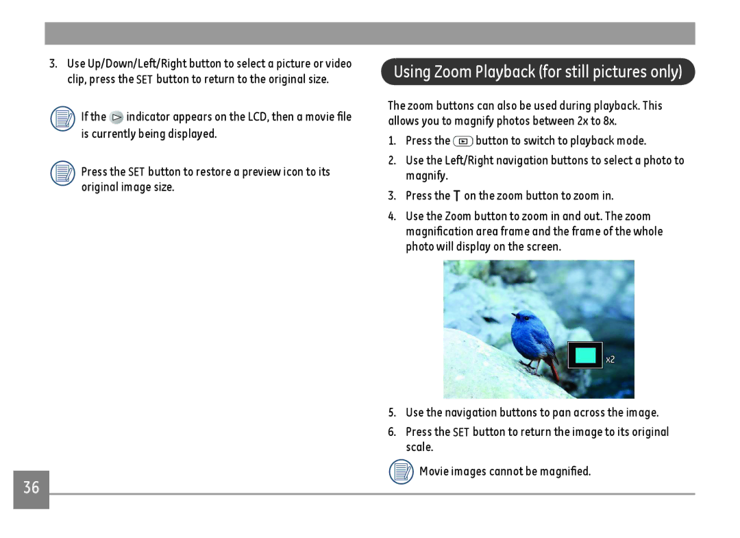 GE C1440WSL, C1440WRD, C1440WBK user manual Using Zoom Playback for still pictures only 