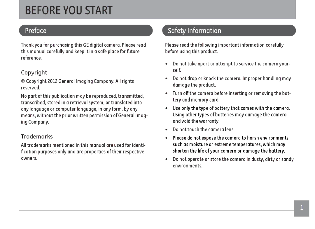 GE C1440WRD, C1440WSL, C1440WBK user manual Before YOU Start, Preface, Safety Information, Copyright, Trademarks 