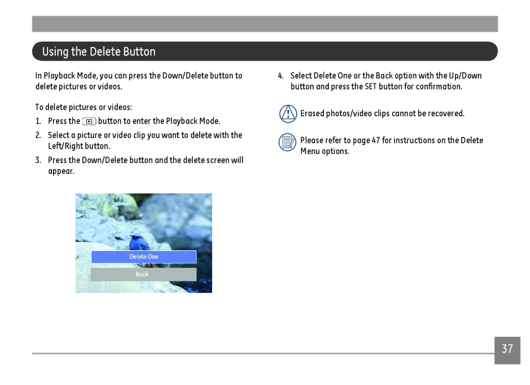 GE C1440WRD, C1440WSL, C1440WBK user manual Using the Delete Button 