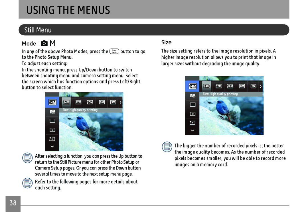 GE C1440WBK, C1440WSL, C1440WRD Using the Menus, Still Menu, Mode, Size, To the Photo Setup Menu To adjust each setting 