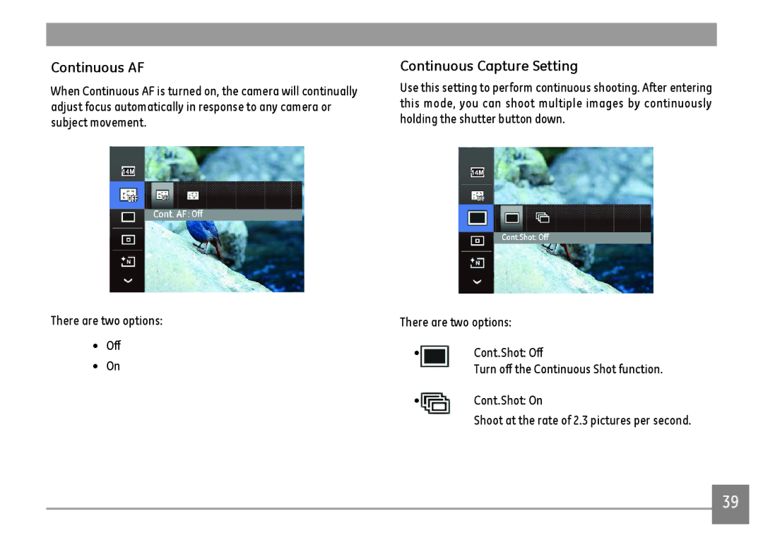 GE C1440WSL, C1440WRD, C1440WBK user manual Continuous AF, Continuous Capture Setting 