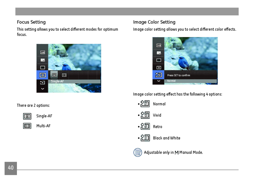 GE C1440WRD, C1440WSL, C1440WBK user manual Focus Setting, Image Color Setting, Adjustable only in Manual Mode 