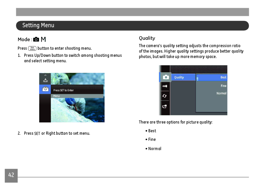 GE C1440WSL, C1440WRD, C1440WBK user manual Setting Menu, Quality 