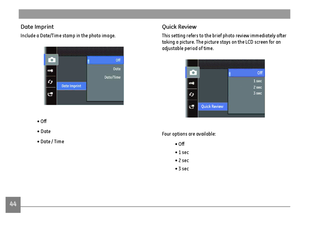 GE C1440WBK, C1440WSL, C1440WRD user manual Date Imprint, Quick Review 