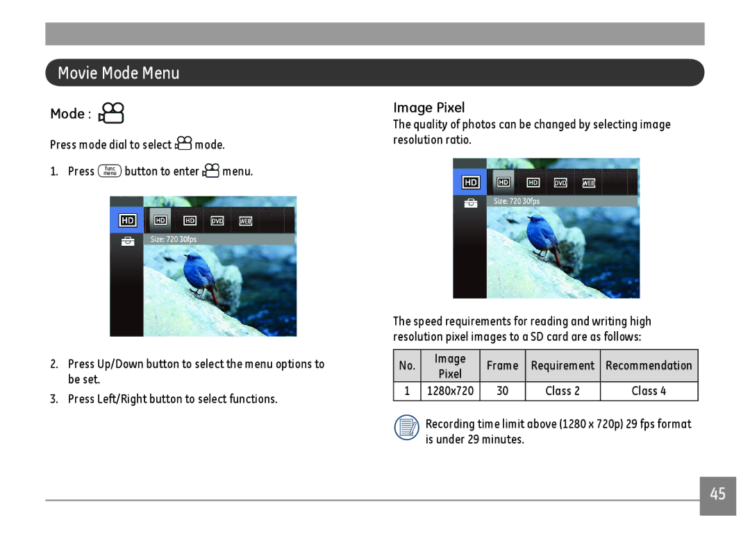 GE C1440WSL, C1440WRD, C1440WBK Movie Mode Menu, Image Pixel, Press mode dial to select mode, Button to enter, Image Frame 