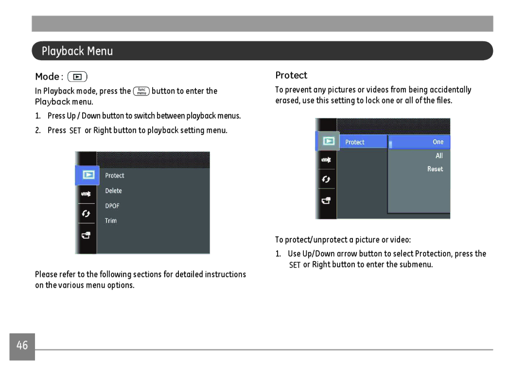 GE C1440WRD, C1440WSL, C1440WBK user manual Playback Menu, Protect, To protect/unprotect a picture or video 