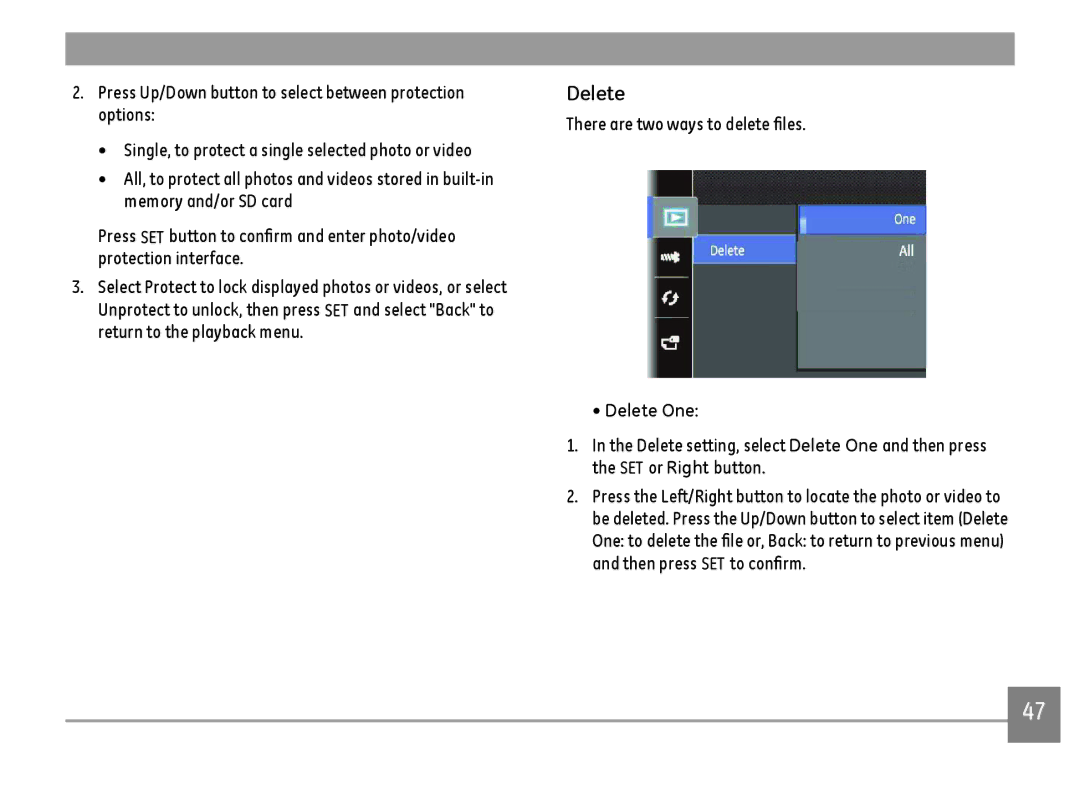 GE C1440WBK, C1440WSL, C1440WRD user manual Delete, There are two ways to delete files 